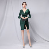 Korean Velvet Polyester Sequin Evening Dress Black Velvet Slimming Fishtail Dress Cocktail Short Length